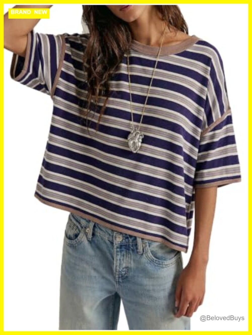 Womens Oversized Striped Tshirt Boxy Drop Shoulder Ringer Tee Retro